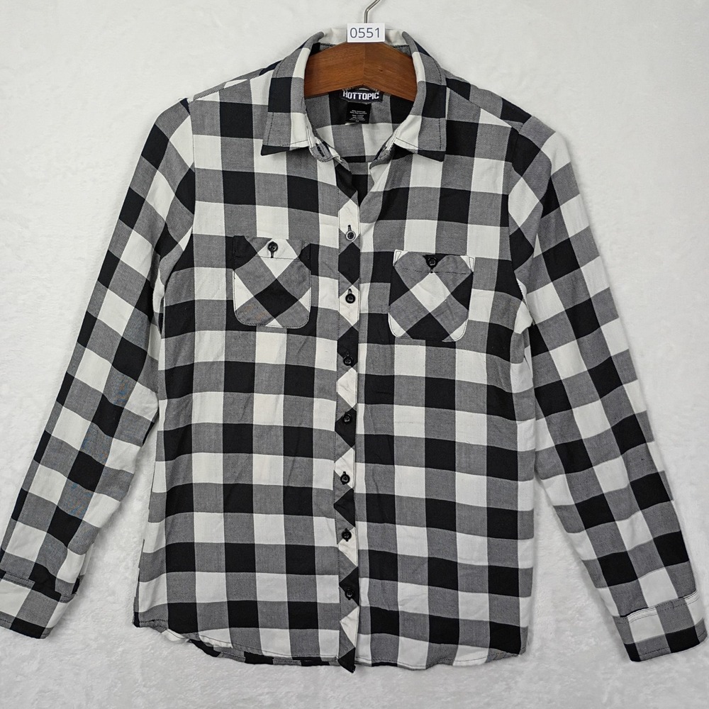 Hot Topic Flannel Shirt Womens M Black White Plaid Button Down Gorpcore Grunge